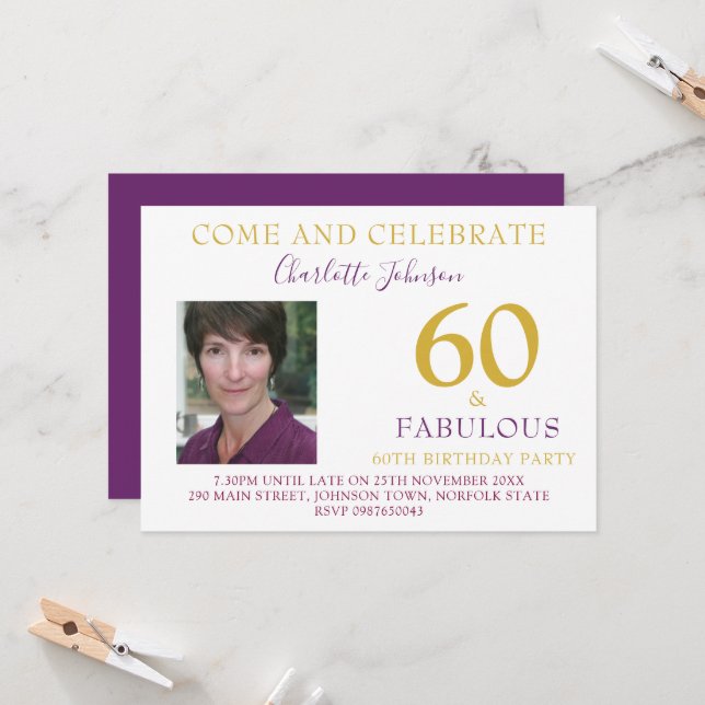 60 and Fabulous Photo 60th birthday Purple gold Invitation (Front/Back In Situ)