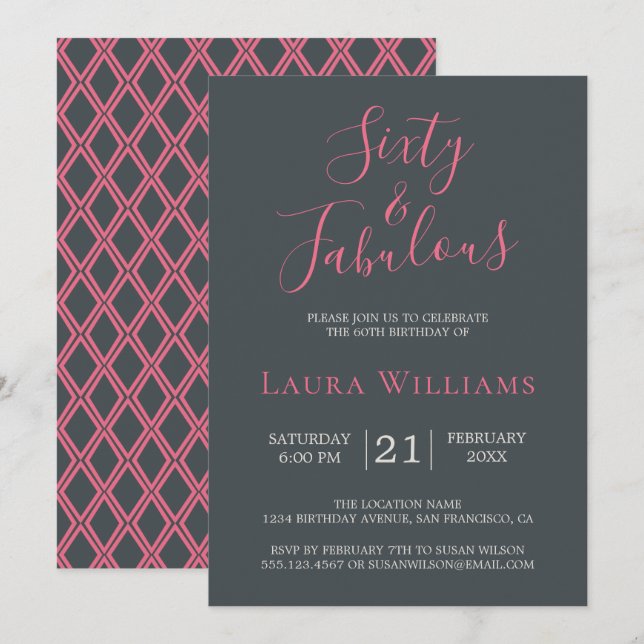 60 and Fabulous Pink Black 60th Birthday Party Invitation (Front/Back)