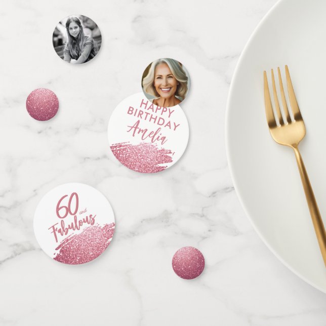 60 and Fabulous Pink Glitter 2 Photo 60th Birthday Confetti (Group)