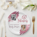 60 and Fabulous Pink Glitter 2 Photo 60th Birthday Paper Plate<br><div class="desc">60 and Fabulous Pink Glitter 2 Photo Surprise 60th Birthday Party Paper Plates. Throw a stunning celebration with these “60 and Fabulous” pink glitter birthday plates. Featuring sparkly faux-glitter brush strokes, and space for two personal photos, this elegant design is perfect for honouring a fabulous woman’s milestone birthday. Fully customisable...</div>