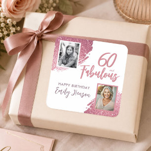 60 and Fabulous Pink Glitter 2 Photo 60th Birthday Square Sticker