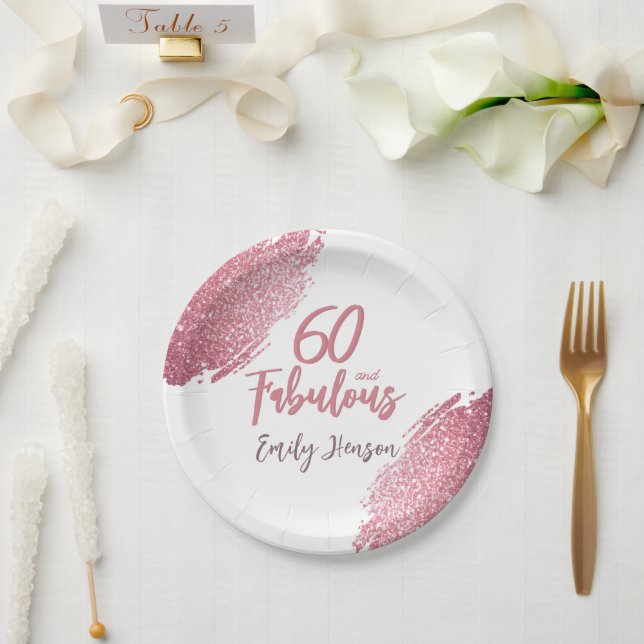 60 and Fabulous Pink Glitter 60th Birthday Paper Plate (Wedding)