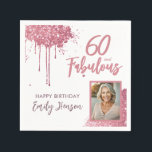 60 and Fabulous Pink Glitter Photo 60th Birthday Napkin<br><div class="desc">60 and Fabulous Pink Glitter Photo Surprise 60th Birthday Party Napkins. Throw a stunning celebration with these “60 and Fabulous” pink glitter birthday napkins. Featuring sparkly faux-glitter brush strokes, and space for a personal photo, this elegant design is perfect for honouring a fabulous woman’s milestone birthday. Fully customisable to include...</div>
