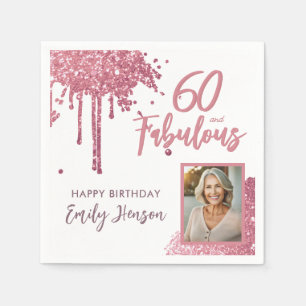 60 and Fabulous Pink Glitter Photo 60th Birthday Napkin