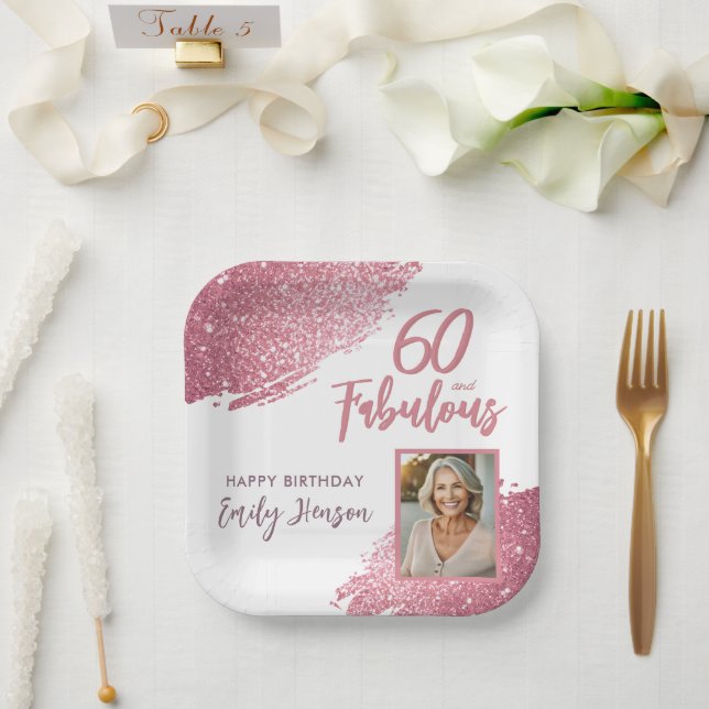 60 and Fabulous Pink Glitter Photo 60th Birthday Paper Plate (Wedding)