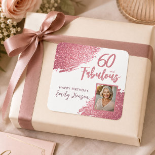 60 and Fabulous Pink Glitter Photo 60th Birthday Square Sticker
