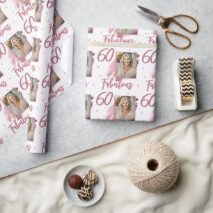 60 and Fabulous Pink Glitter Photo 60th Birthday Wrapping Paper
