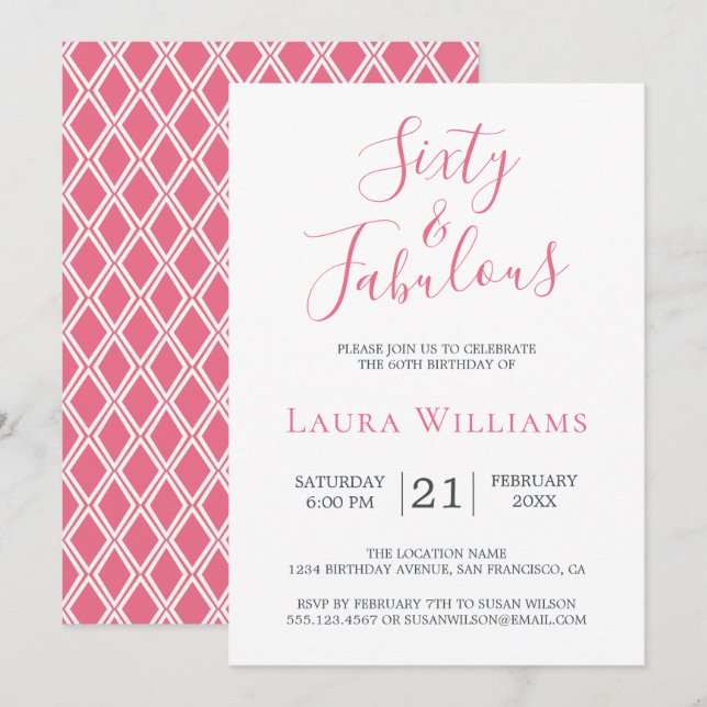 60 and Fabulous Pink White 60th Birthday Party Invitation (Front/Back)