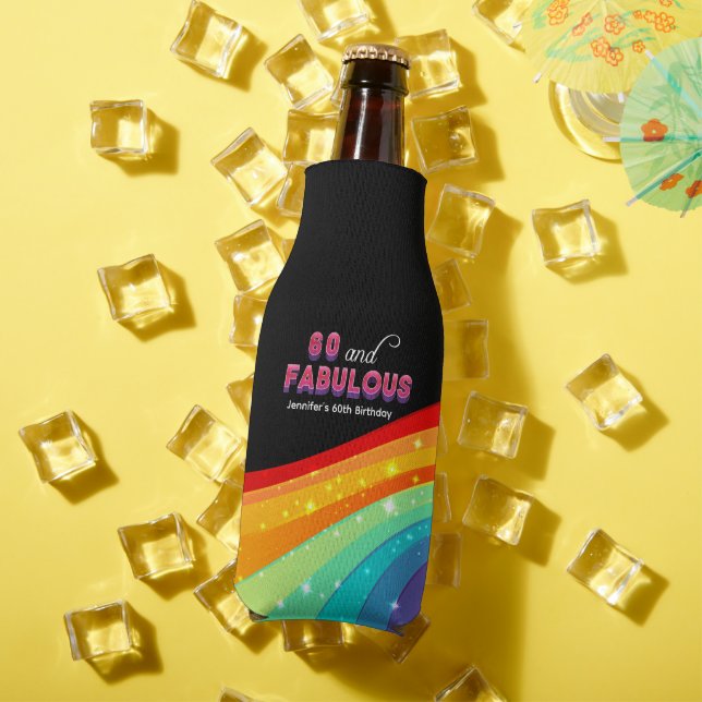 60 and Fabulous Rainbow Birthday Party Custom Bottle Cooler (In Situ Summer)