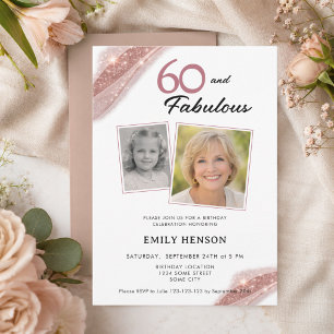 60 and Fabulous Rose Gold 2 Photo Birthday Invitation