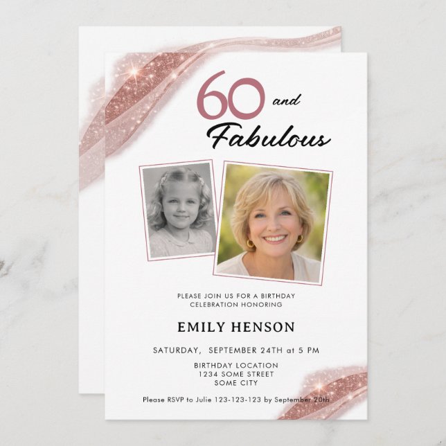 60 and Fabulous Rose Gold 2 Photo Birthday Invitation (Front/Back)