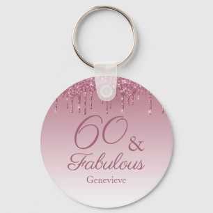 60 and Fabulous Rose Gold Pink Dripping Glitter Key Ring