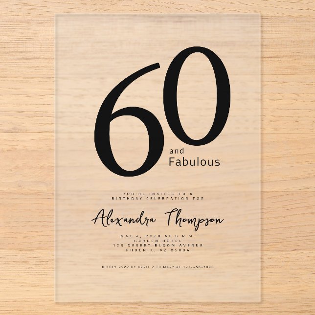 60 and Fabulous Script 60th Birthday Party Acrylic Invitations (Front)