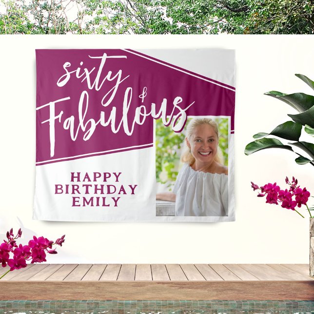 60 and Fabulous Script Magenta Photo 60th Birthday Tapestry (Creator Uploaded)