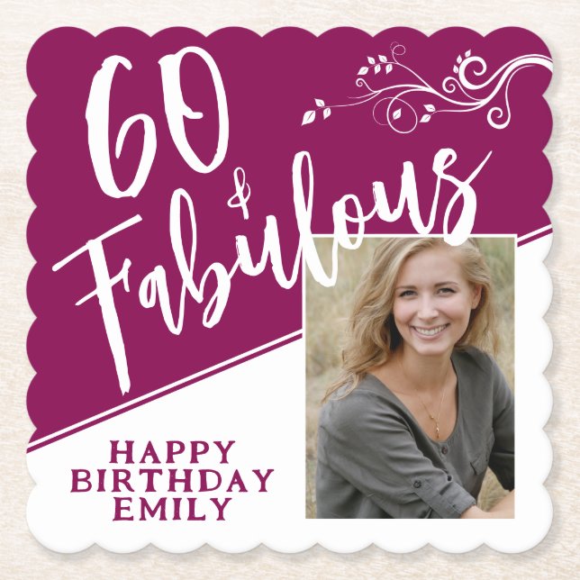 60 and Fabulous Script Photo Magenta 60th Birthday Paper Coaster (Front)