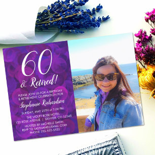 60 and Retired Elegant Purple Birthday Retirement Invitation