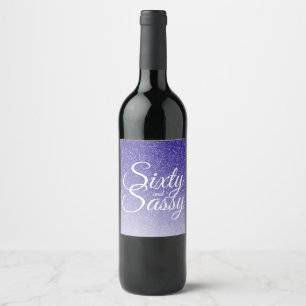 60 and Sassy 60th Birthday Blue Glitter Ombre Wine Label