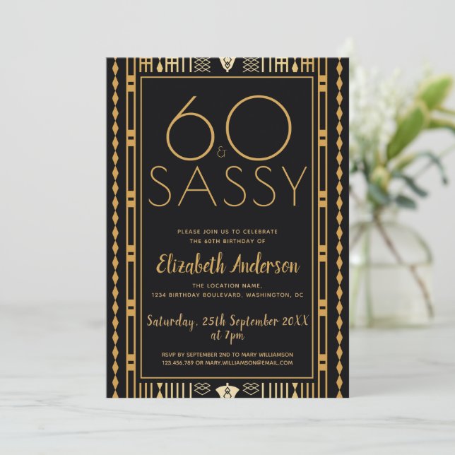 60 And Sassy Black Gold Art Deco 60th birthday  Invitation (Standing Front)