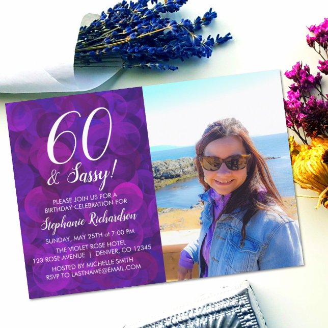 60 and Sassy Elegant Purple Photo Birthday Invitation (Creator Uploaded)