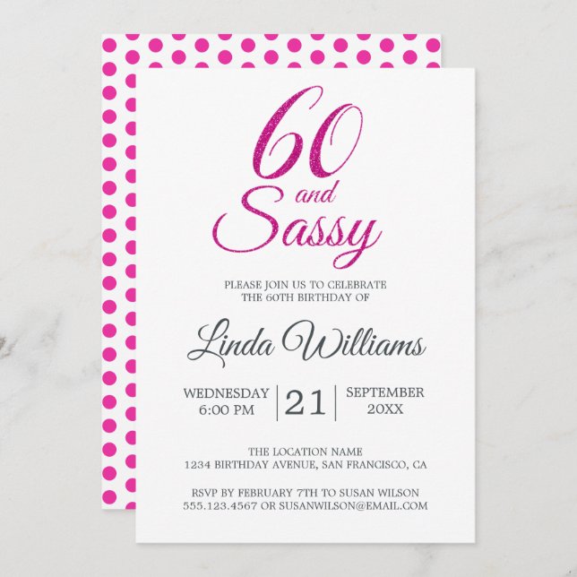 60 and Sassy Pink Glitter 60th Birthday Party Invitation (Front/Back)