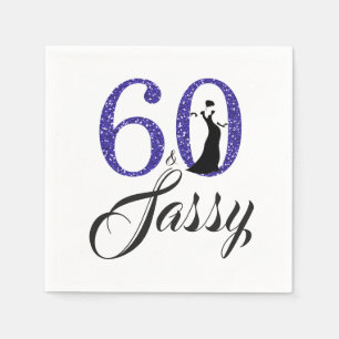 60 and Sassy Royal Blue Glitter Birthday Party Napkin