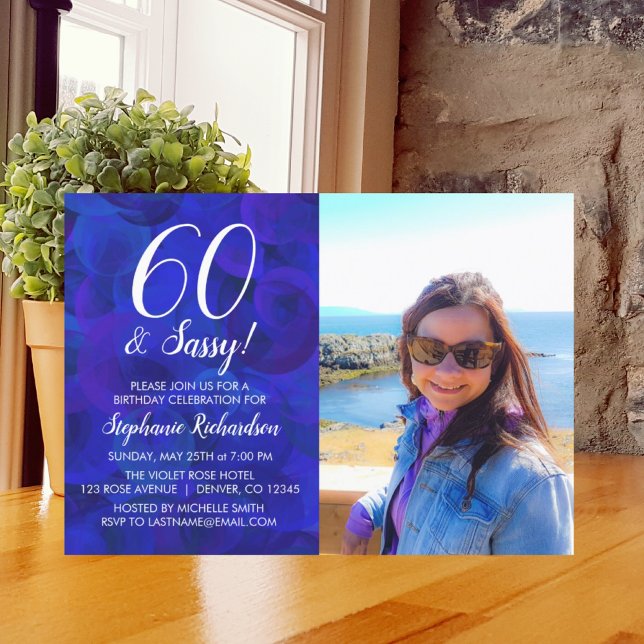 60 and Sassy Royal Blue Photo Birthday Party Invitation (Creator Uploaded)