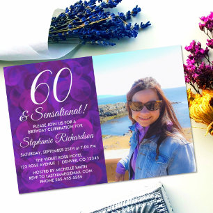 60 and Sensational Elegant Purple Photo Birthday Invitation
