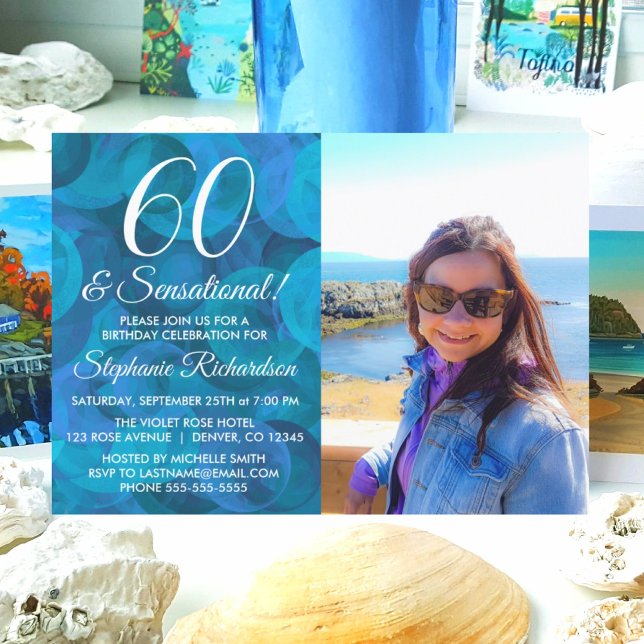 60 and Sensational Ocean Blue Photo Birthday Invitation (Creator Uploaded)