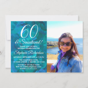 60 and Sensational Ocean Blue Photo Birthday Invitation