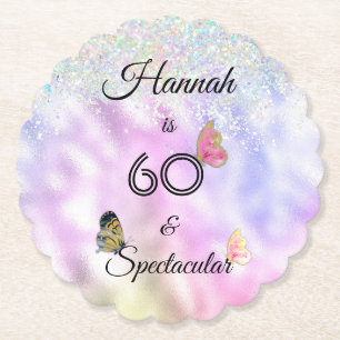 60 and Spectacular Glittery Butterflies Birthday Paper Coaster