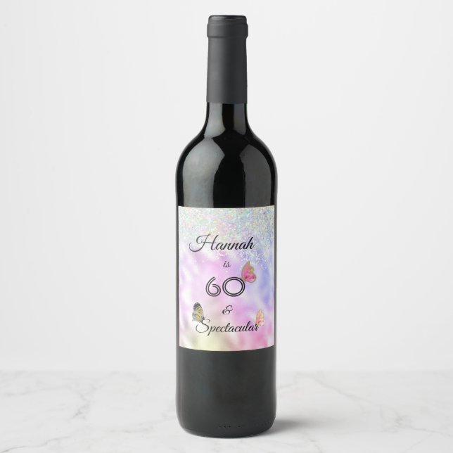 60 and Spectacular Glittery Butterflies Birthday  Wine Label (Front)