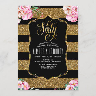 60 Birthday Party Invitations - Floral Gold Glitte