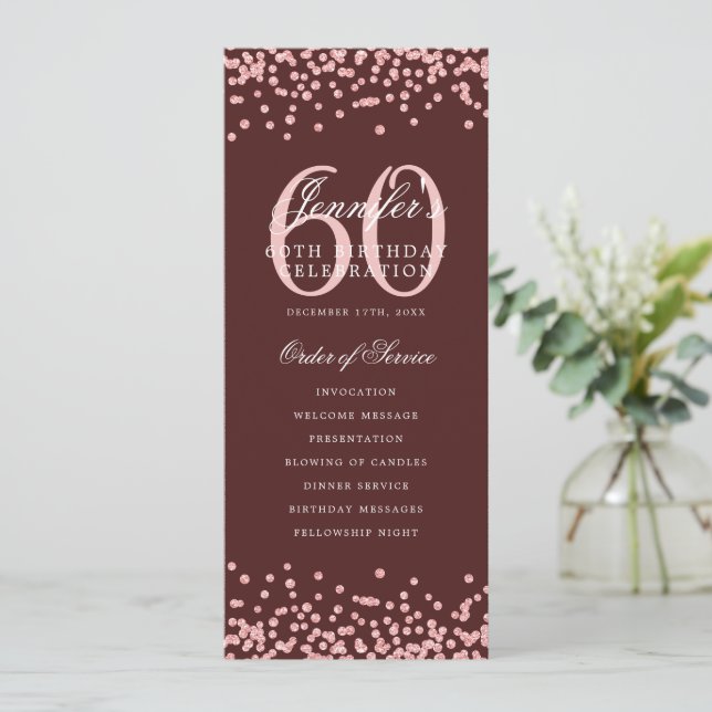 60 Birthday Program Menu Thanks Rose Gold Burgundy (Standing Front)