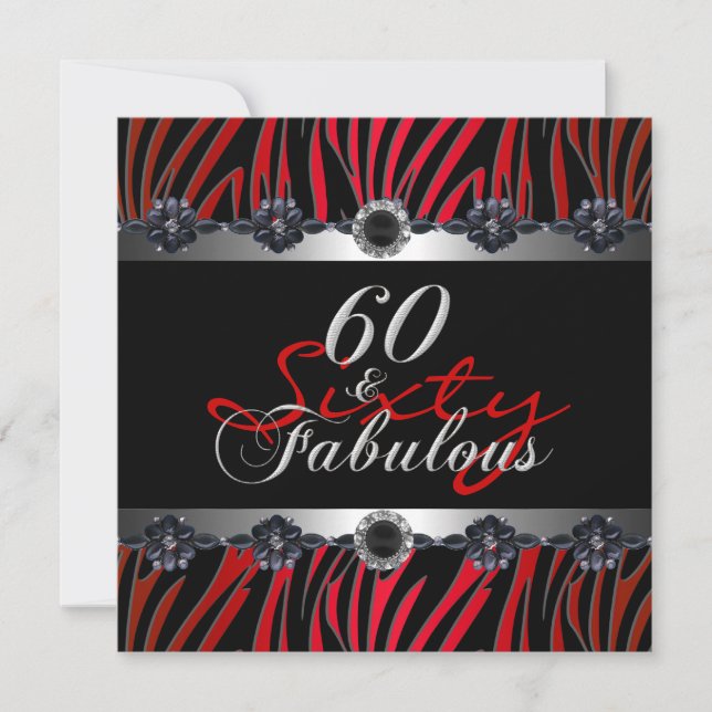 60 & Fabulous 60th Birthday Party Zebra Silver Red Invitation (Front)