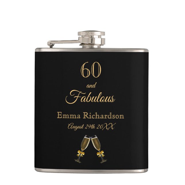 60 fabulous birthday black gold chic monogram hip flask (Front)