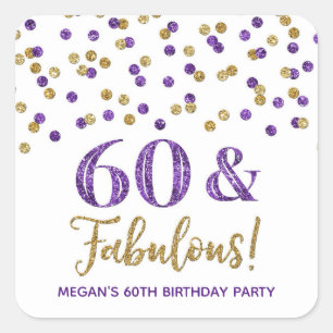 60 & Fabulous Birthday Black Purple Confetti  Square Sticker