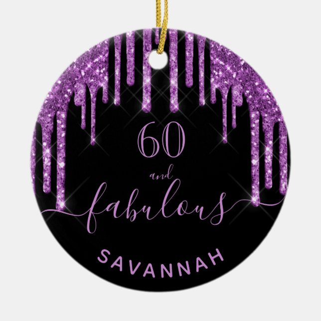 60 Fabulous birthday black purple glitter name Ceramic Ornament (Front)
