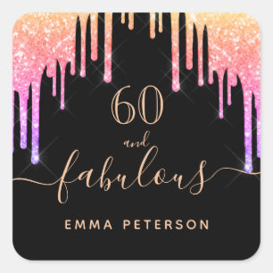 60 fabulous birthday black rainbow glitter sparkle square sticker