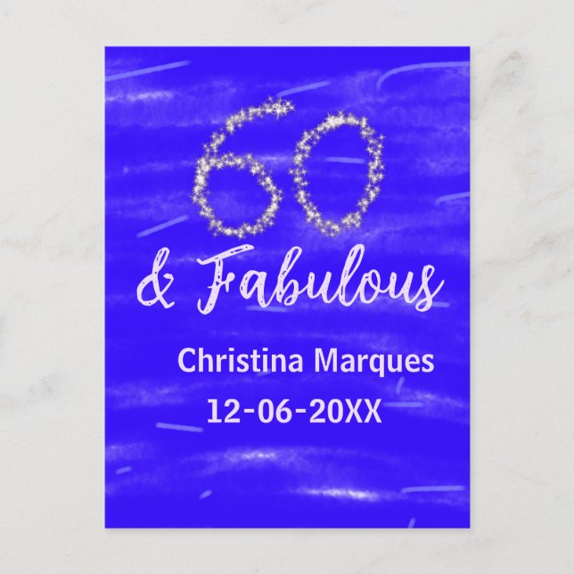 60 & fabulous birthday blue silver add name date postcard (Front)