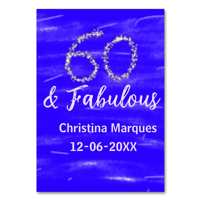 60 & fabulous birthday blue silver add name date table number (Front)