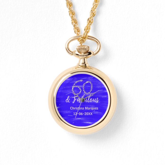 60 & fabulous birthday blue silver add name date watch (Front)