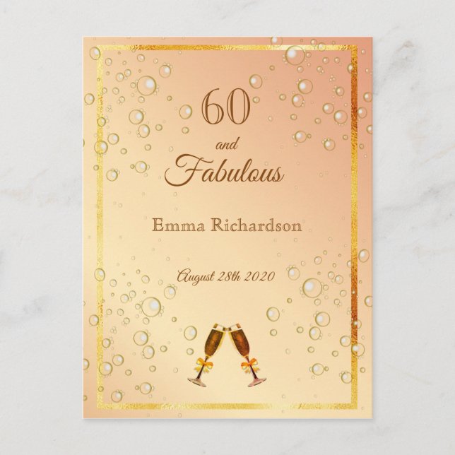 60 & Fabulous birthday gold bubbles invitation Postcard (Front)