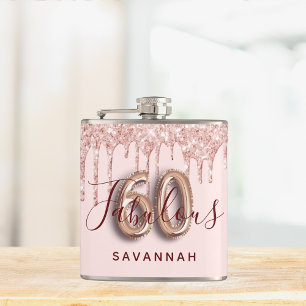 60 fabulous birthday party rose gold blush glitter hip flask