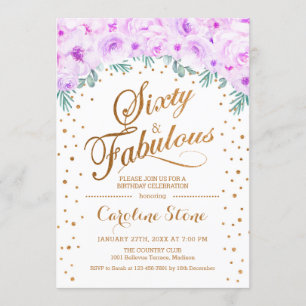 60 Fabulous Birthday Party - White Gold Purple Invitation
