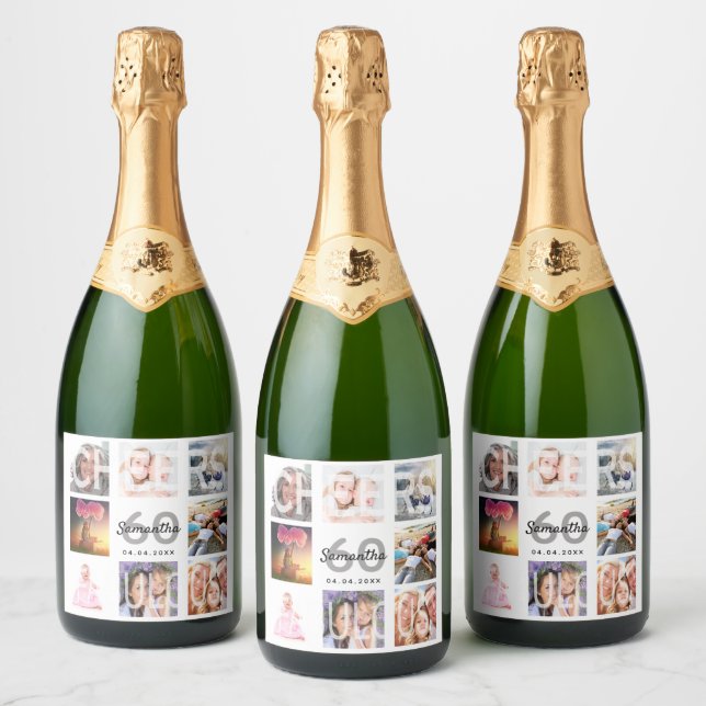 60 fabulous birthday photo collage white sparkling wine label (Bottles)