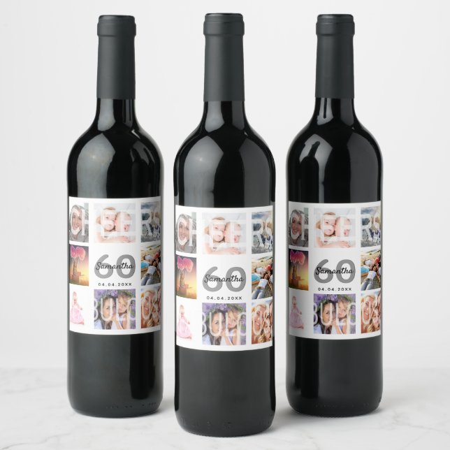 60 fabulous birthday photo collage white wine label (Bottles)