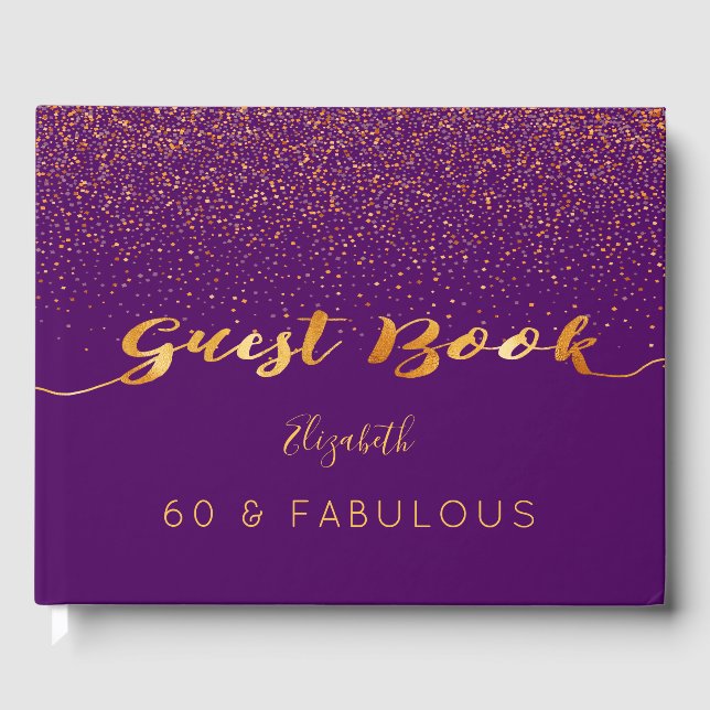 60 Fabulous birthday purple gold confetti Guest Book (Front)