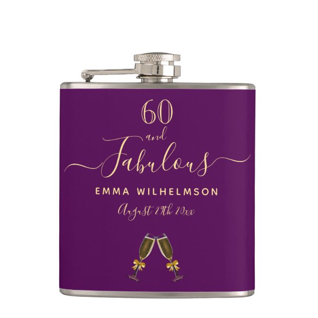 60 fabulous birthday purple gold script friends hip flask (Front)