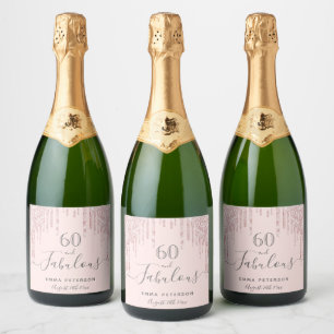 60 fabulous birthday rose gold glitter pink sparkling wine label