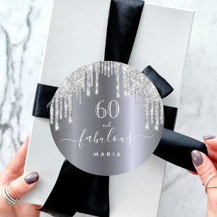 60 fabulous birthday Sparkling glitter silver Classic Round Sticker